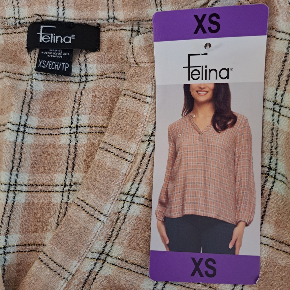 Felina Plaid Blouse Womens XS Cream NWT Split Neck Long Sleeve‎ 849-207-B9
